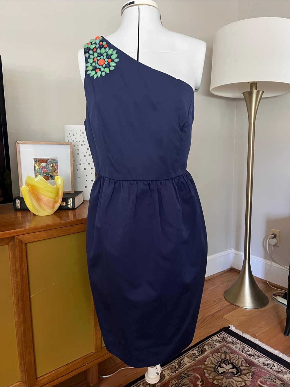 Shoshanna Navy One-Shoulder Dress with Coral & Mint Jewel Accent